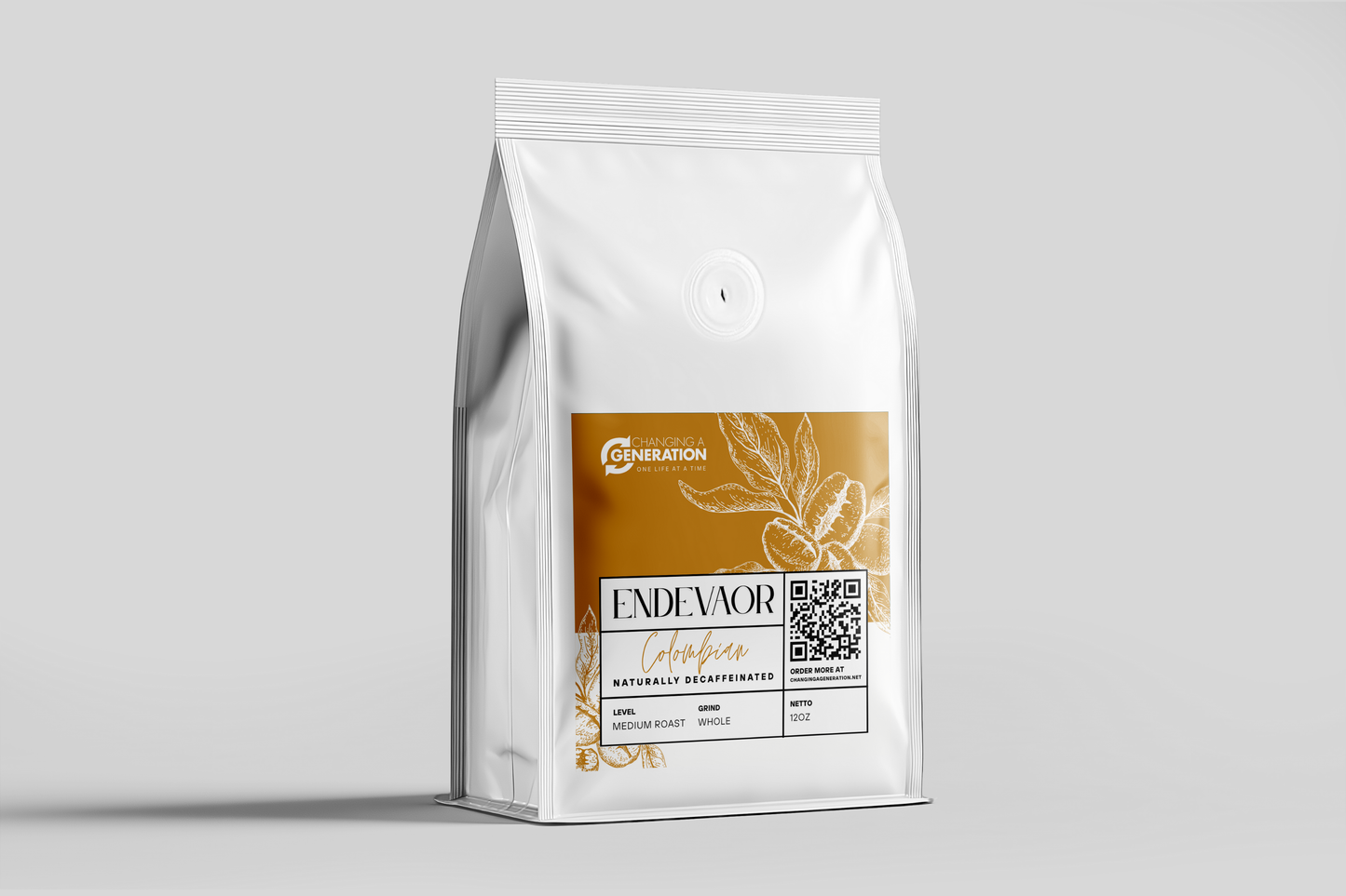 Coffee bag labeled 'Endeavor' with the Changing a Generation logo on a light gray background
