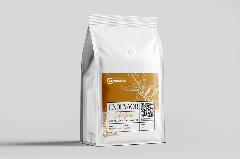 Coffee bag labeled 'Endeavor' with the Changing a Generation logo on a light gray background