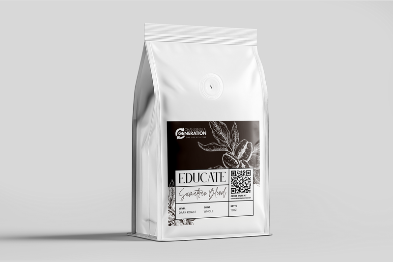 Coffee bag labeled 'Educate' with the Changing a Generation logo on a light gray background