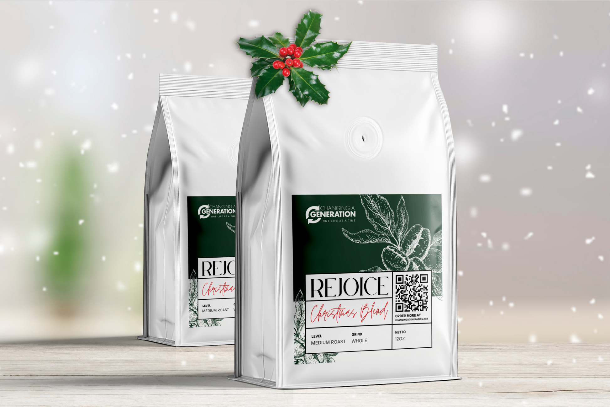 Coffee bag labeled 'Rejoice' with the Changing a Generation logo on a light gray background