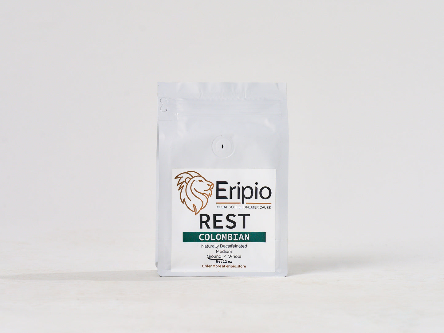 Eripio Rest Colombian decaf coffee package on a white background