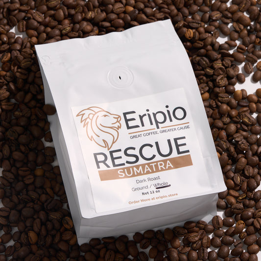 Eripio Rescue Sumatra coffee package on a bed of coffee beans