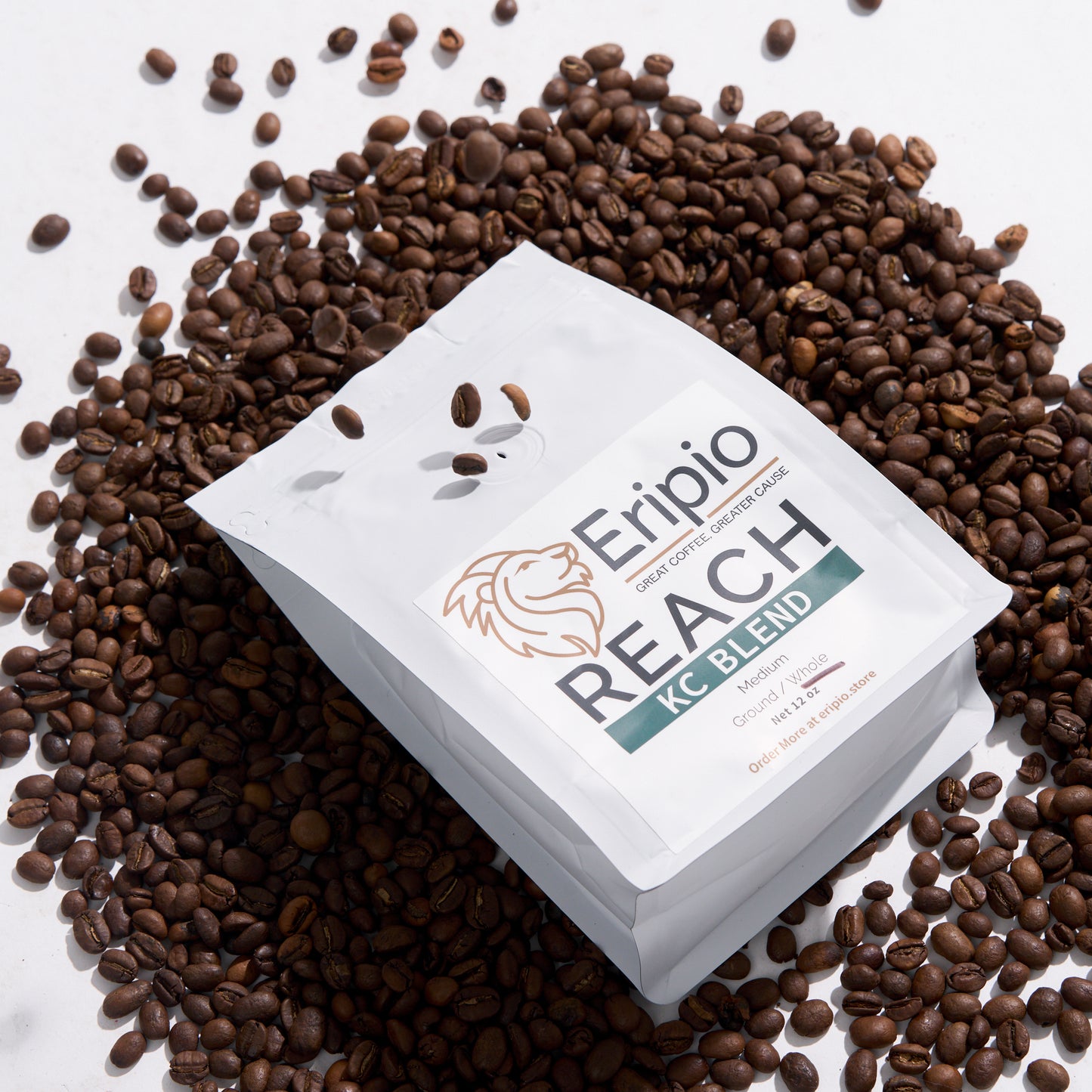 Eripio Reach coffee packaging with coffee beans on a light background