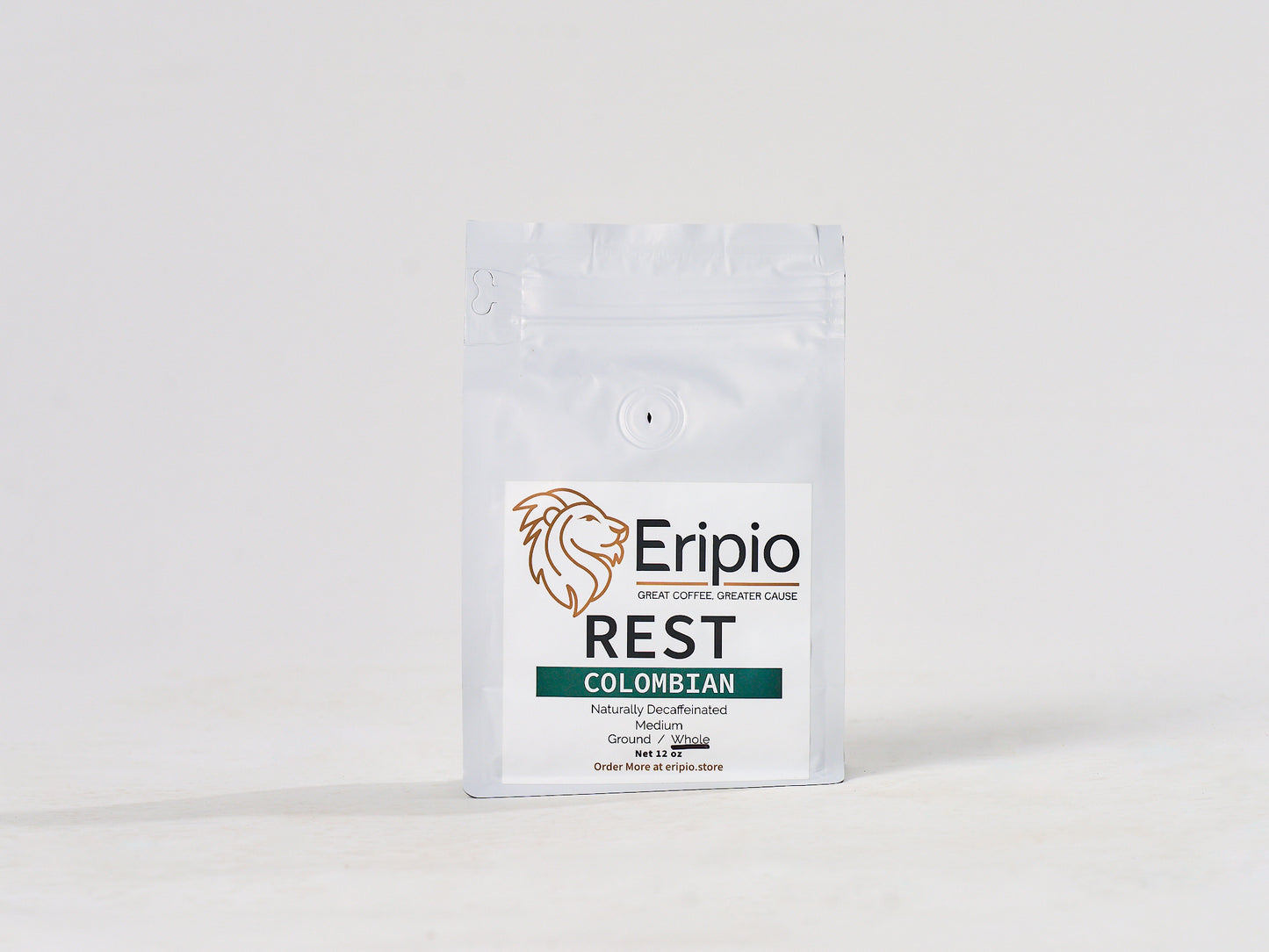 Eripio Rest decaf coffee package on a white background