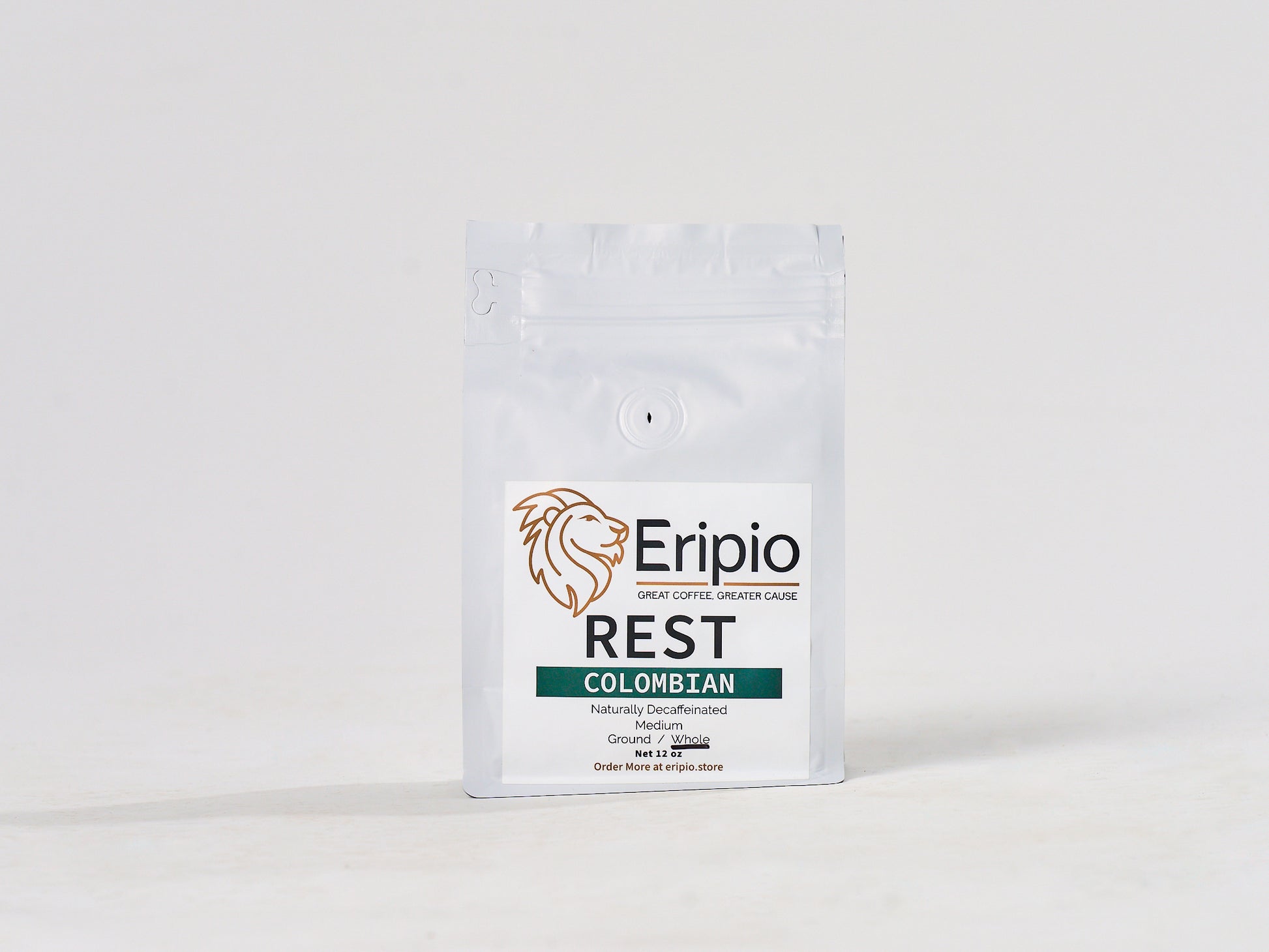 Eripio Rest decaf coffee package on a white background
