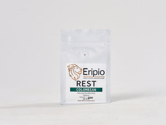 Eripio Rest decaf coffee package on a white background
